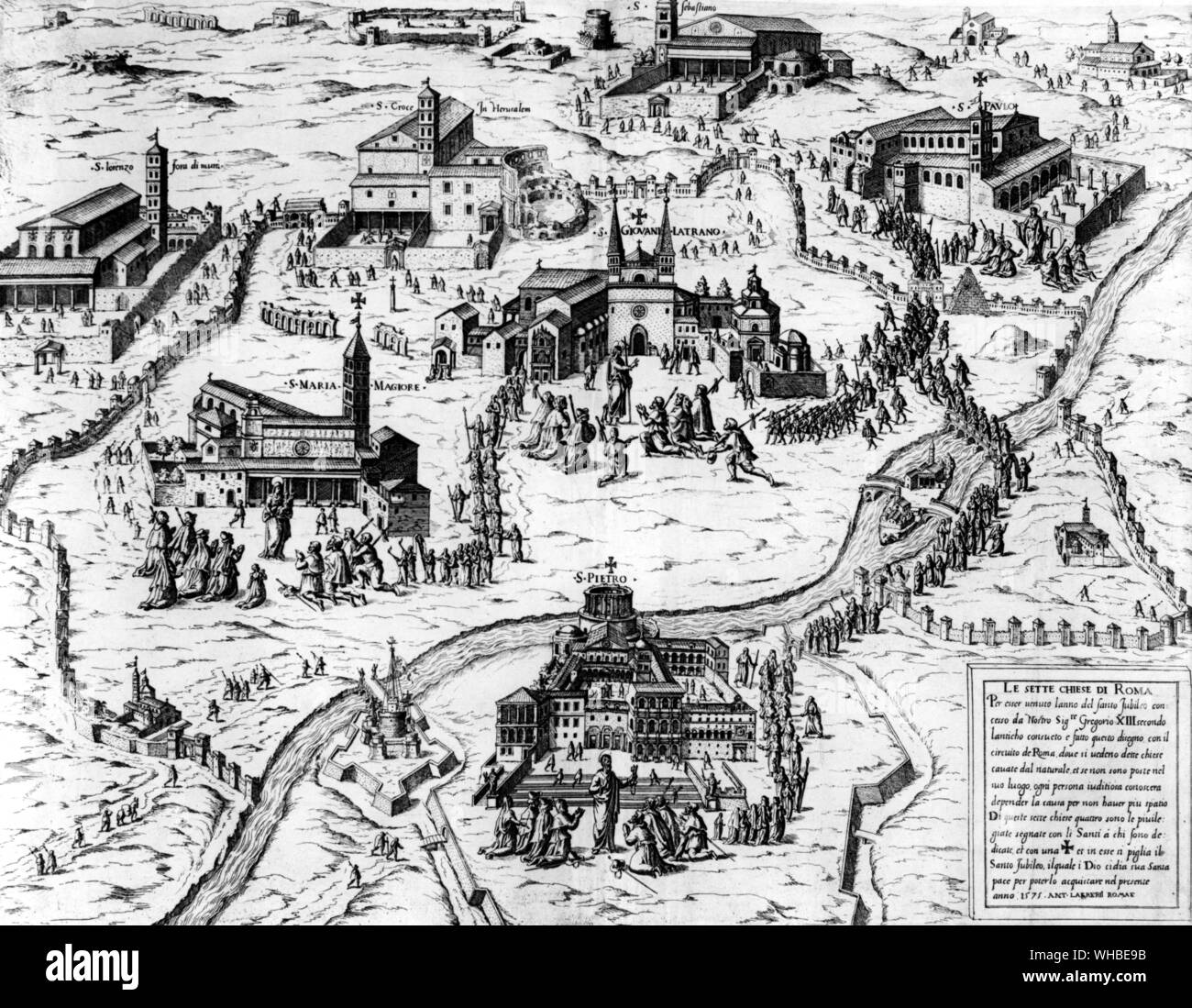 The seven churches of Rome , since time immemorail one of the chief objects of pilgrimage in the city . Engraving of The Seven Churches of Rome for 1575 Jubilee from Speculum Romanae Magnificentiae . Stock Photo