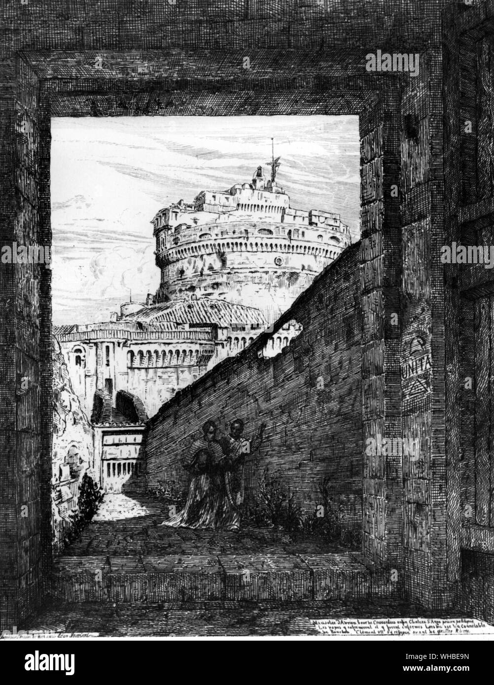 19th Century engraving of secret passage leading from Vatican to Castel S Angelo , by Faure Jujanic. During the Sack of Rome in 1527 , it was used by Pope Clement VII to escape to the Castel Sant' Angelo Stock Photo