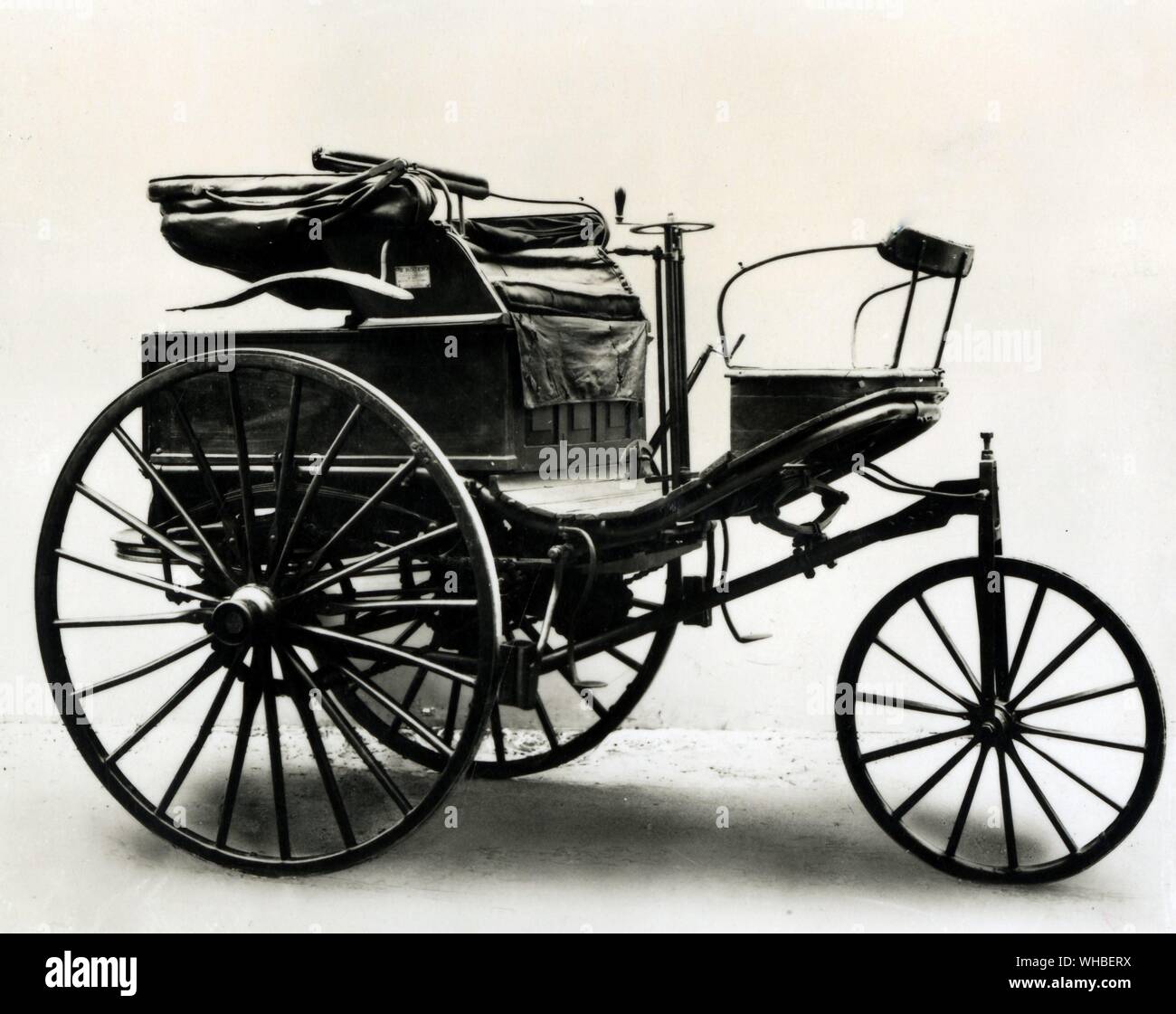 Benz motor car 1888 - a three-wheeled vehicle with a horizontal single cylinder motor designed by Carl Benz. This example is probably the first petrol car brought into England. Stock Photo
