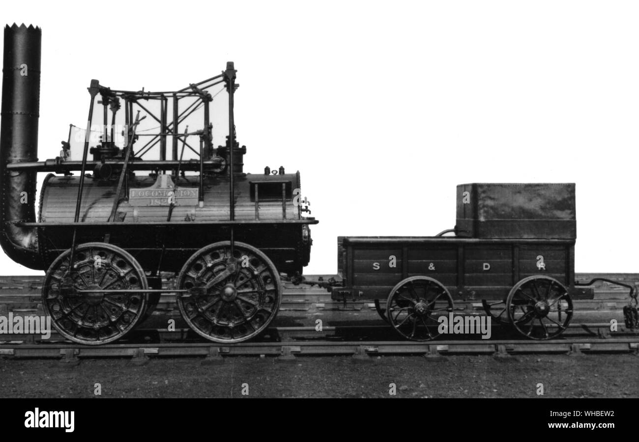Locomotion No. 1 is to be seen at Darlington Main Line Station and although more than once rebuilt, it retains its original appearance. Its wheels, however, are of a pattrn introduced by Timothy Hackworth. The engine was built to the specifications of George Stephenson at the Forth Street Works, Newcastle, founded by him and his son. It opened the World's first locomotive-worked public railway on September 27th 1825 when it was driven by George Stephenson himself.. Stock Photo