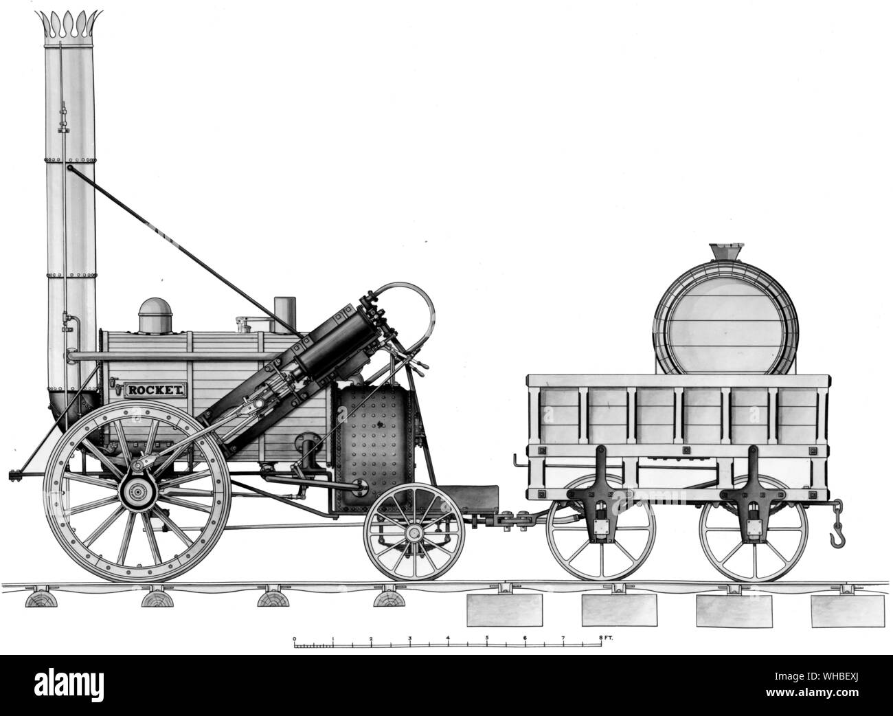 Drawing of The Rocket - this locomotive was built by George Stevenson at Newcastle-on-Tyne in 1829 to compete for a prize of £500 offered by the directors of the Liverpool and Manchester Railway Company for the best locomotive which could at that time be produced. Five locomotives by different makers were entered for the competition which was won by the Rocket after what, in those days, were considered very exhaustive and severe tests. The Rocket weighed four and a half tons. Stock Photo