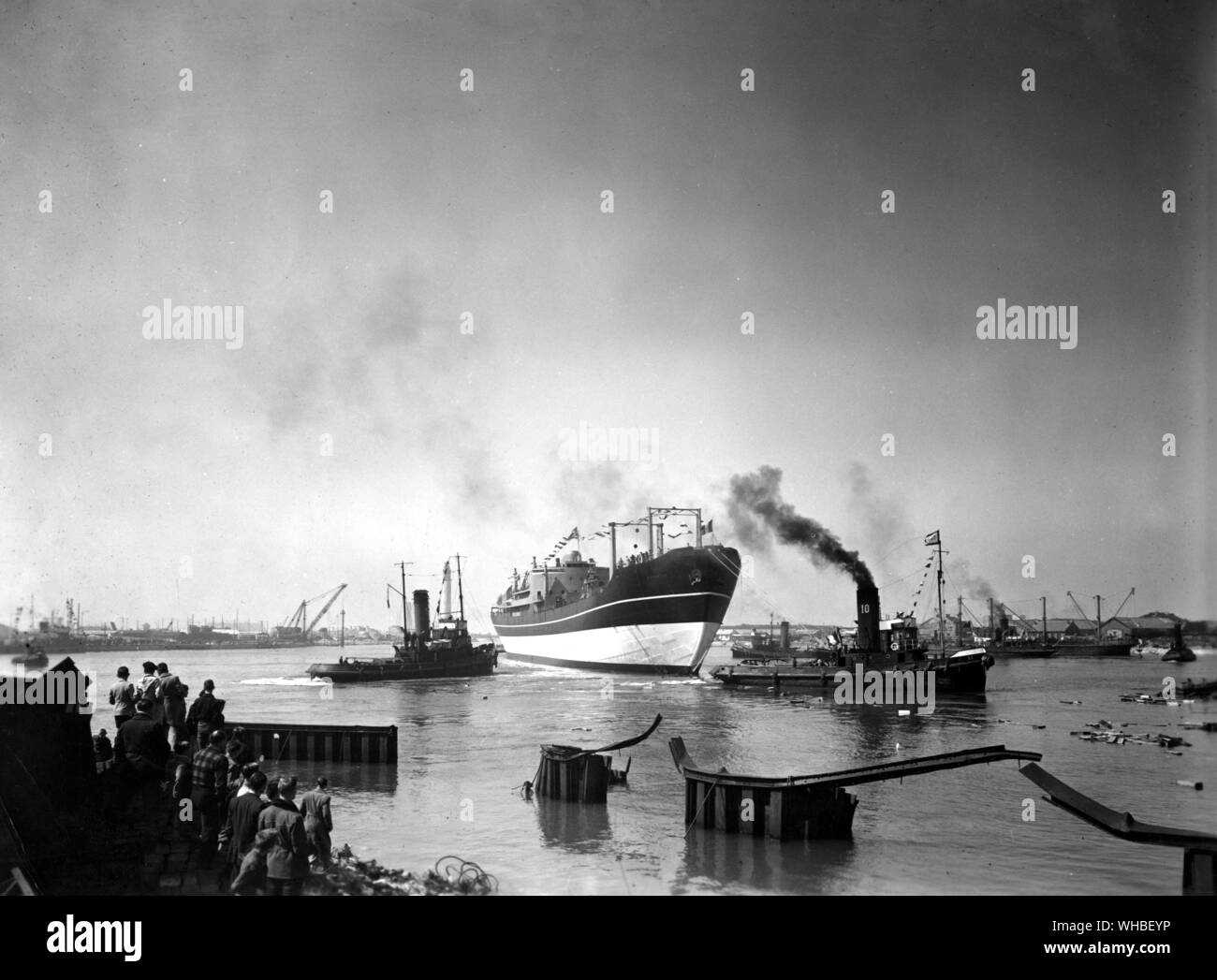 Ship being launched at the harbour of Dunkirk in France.. Stock Photo