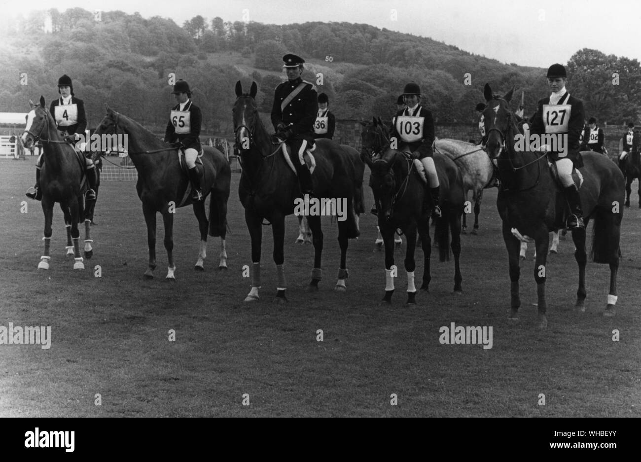The five winners at the 1973 Tidworth Three Day Event from left to right Sarah Bailey riding Red Amber Celia Ross Taylor riding Rovensnick Lt Mark Phillips riding Laureate II Mrs Cairi Dyson riding Truepenny and John Kersley riding Classic Chips Stock Photo