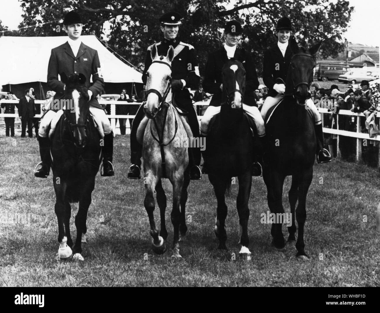 The winning British Team at the World Horse Trials Championships at Punchestown in 1970. From left to right Richard Meade riding The Poacher Lt Mark Phillips riding Chicago III Stewart Stevens riding Benson and Mary Gordon Watson riding Cornishman V Stock Photo
