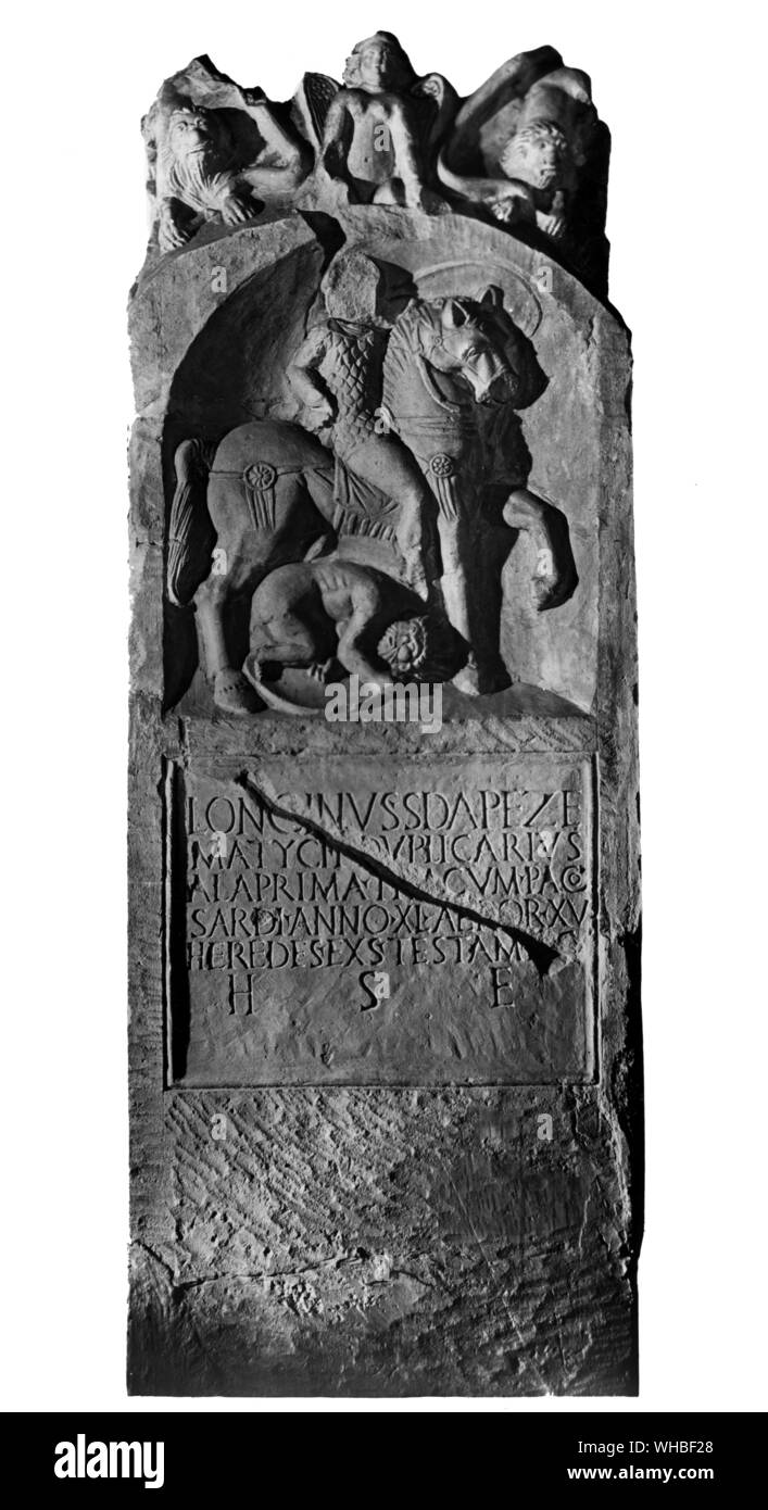 The tombstone of Longinus a Roman Soldier and cavalryman who originally came from the area of modern day Bulgaria. He probably came over to Britain with the invading Roman army in AD 43 and died while based at Colchester.. Stock Photo
