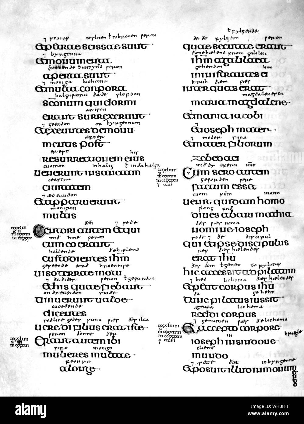 Anglo-Saxon translation written above Latin text in the 10th Century of the Lindisfarne Gospels. Matthew 27:52-66 Stock Photo
