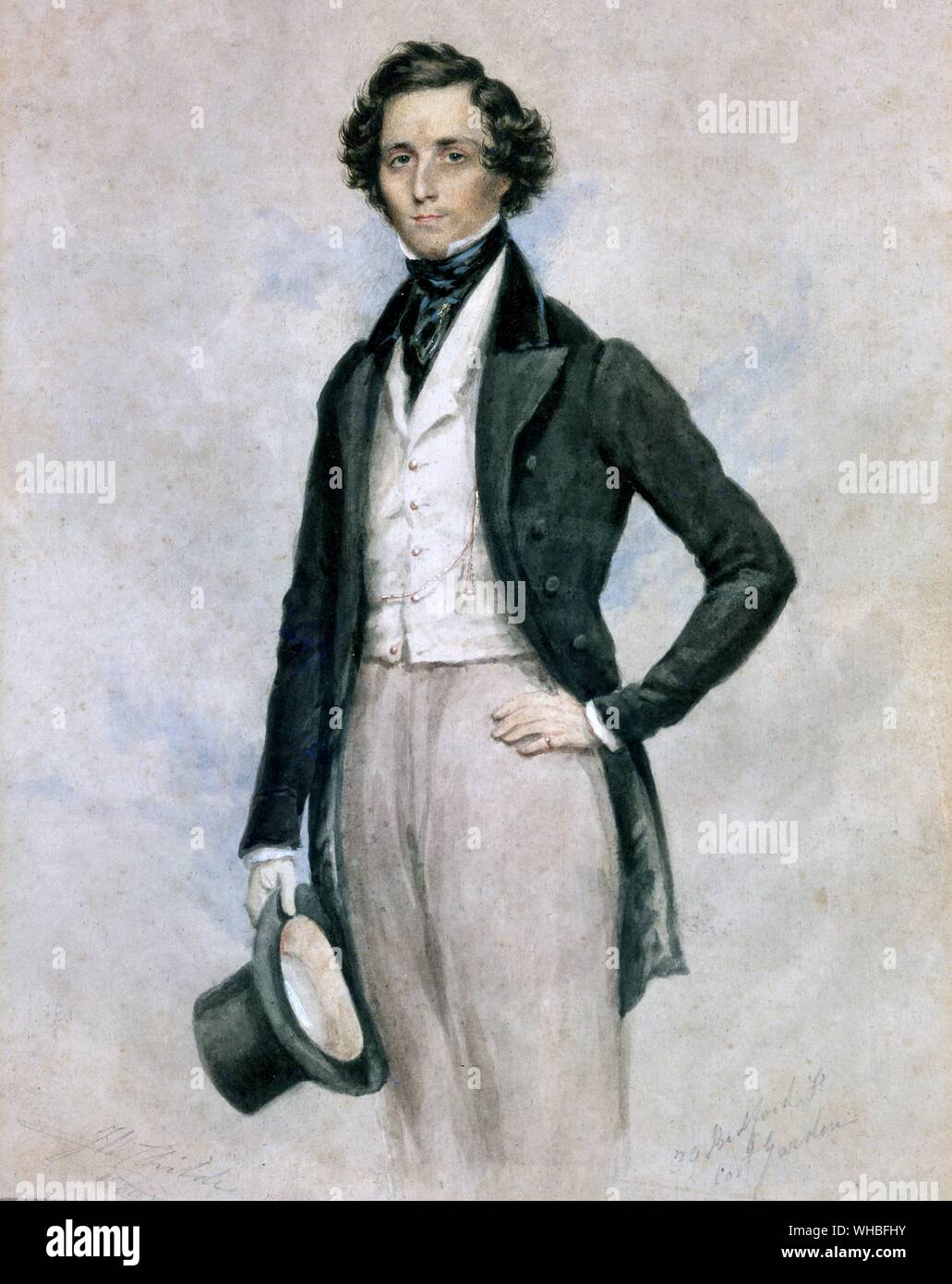 Felix Mendelssohn (aged 20) - Portrait of an Elegant Gentleman c.1825 - watercolour by James Warren Childe (1778-1862). Jakob Ludwig Felix Mendelssohn Bartholdy, born and generally known as Felix Mendelssohn (February 3, 1809 - November 4, 1847) was a German composer, pianist and conductor of the early Romantic period.. Stock Photo