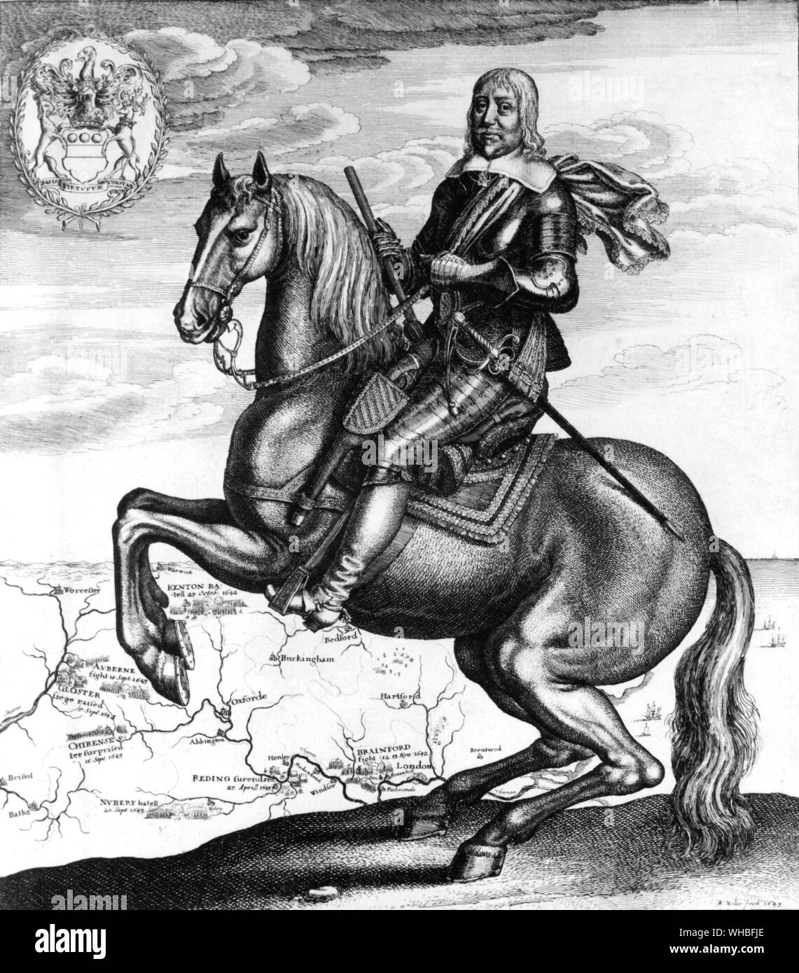 This War Without an Enemy : Robert Devereux , Earl of Essex , at the height of his glory after releif of Gloucester . All his victories are shown including Edge Hill Stock Photo