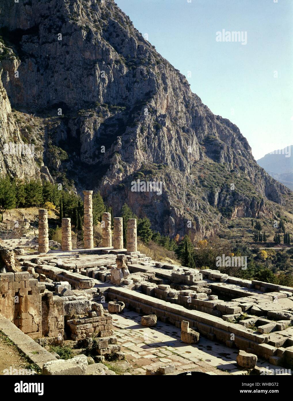 Delphi, Greece - an archaeological site and a modern town in Greece on the south-western spur of Mount Parnassus in the valley of Phocis. Delphi was the site of the Delphic oracle, most important oracle in the classical Greek world, and it was a major site for the worship of the god Apollo. . Stock Photo