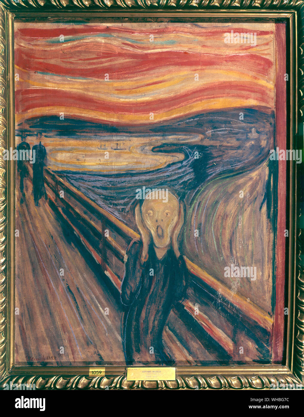 The Scream - Edward Munch - Edvard Munch , December 12, 1863 - January 23, 1944) was a Norwegian Symbolist painter, printmaker, and an important forerunner of Expressionistic art. His best-known painting, The Scream (1893), is one of the pieces in a series titled The Frieze of Life, in which Munch explored the themes of life, love, fear, death, and melancholy. As with many of his works, he painted several versions of it.. Stock Photo