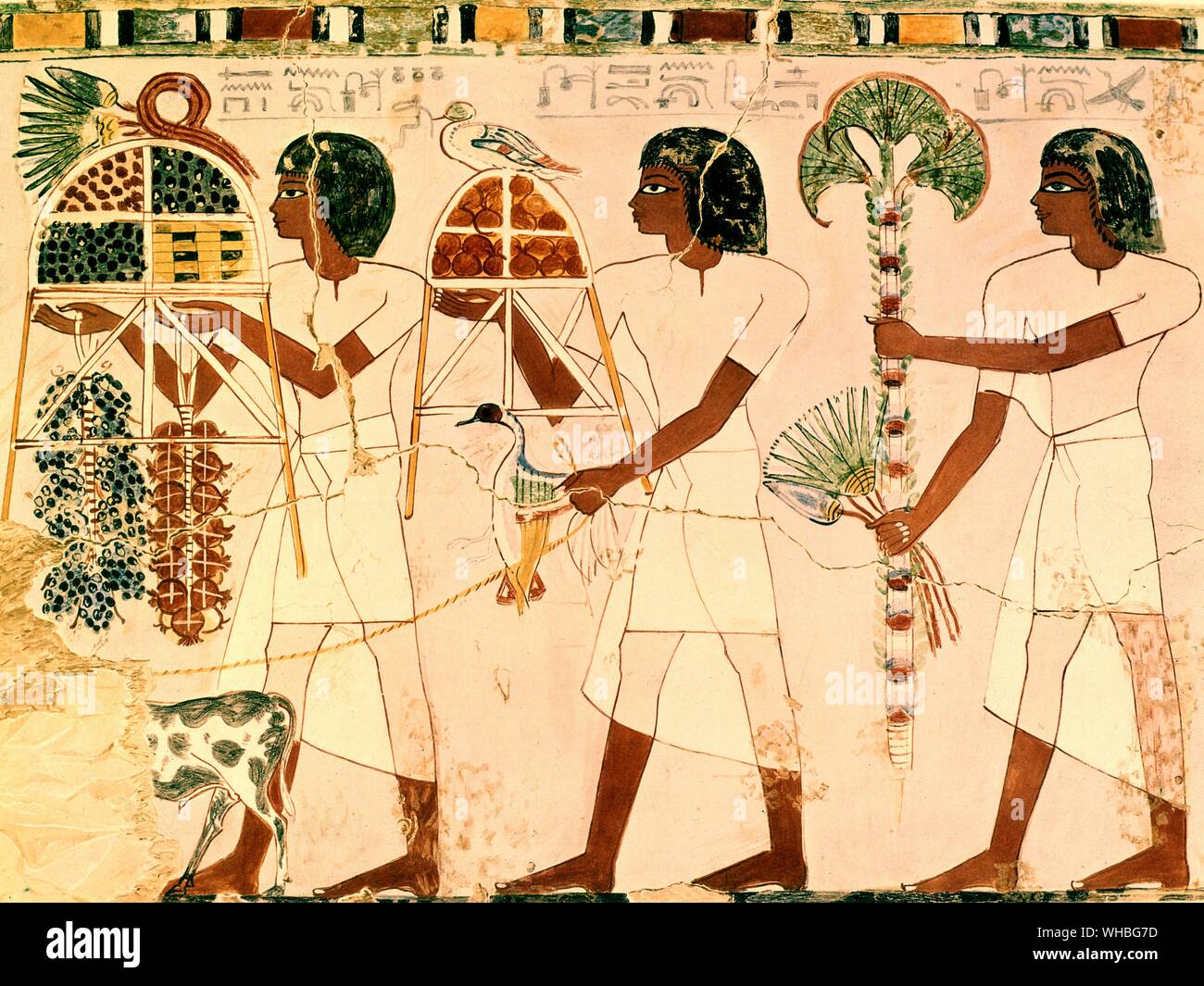 Copy of an Egyptian tomb - painting - male offering bringers - 18th dynasty. Stock Photo