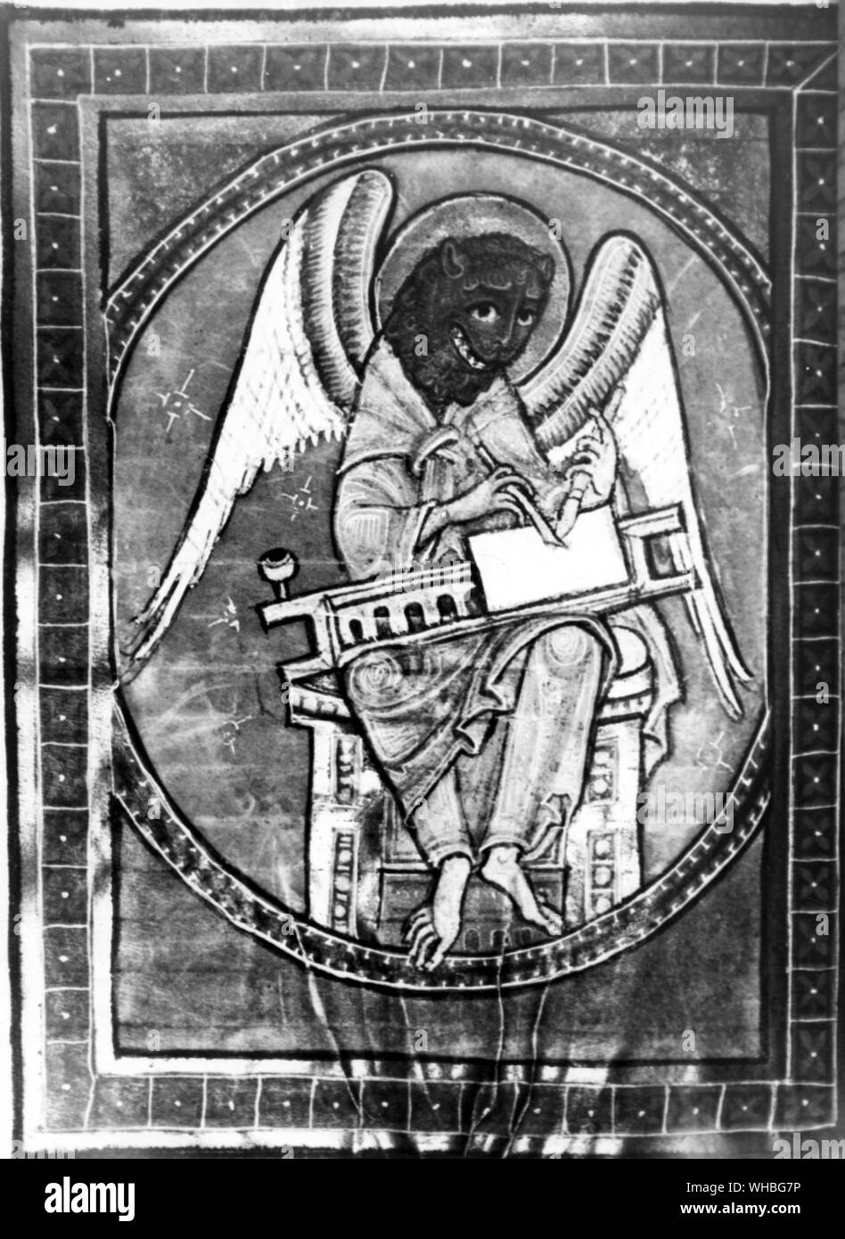 St Mark as a winged lion, in the four Gospels, with St Jerome's Preface 12th century Stock Photo