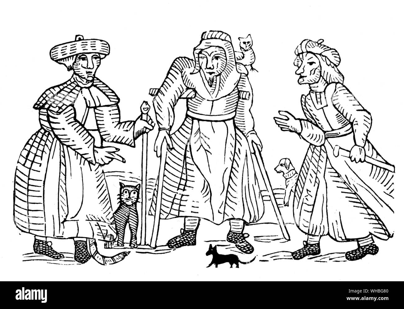 Witches of Belvoir. Aide Baker, Joan Willimot, Ellen Green from an old pamphlet published in 1619 Stock Photo