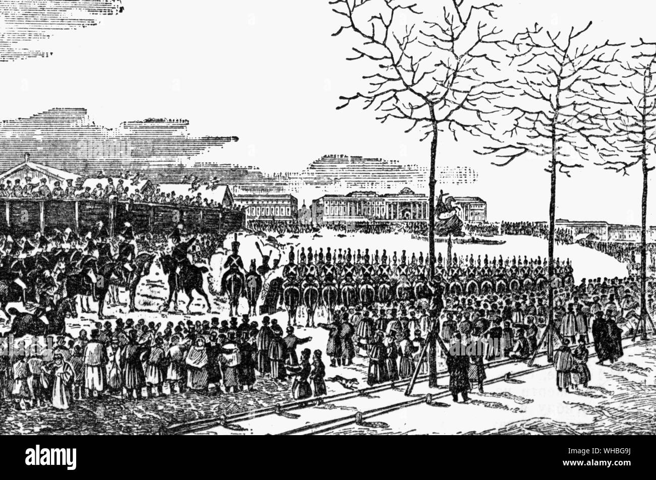 An engraving of Senate Square - 'Sire,' said General Toll to Nicholas I, 'sweep the square with gunfire or abdicate.'. Stock Photo