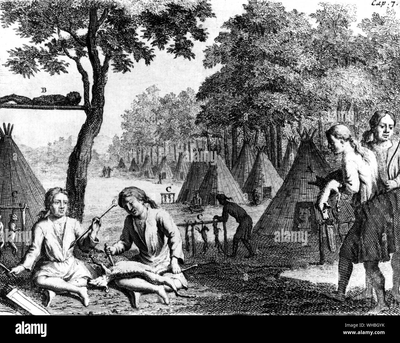 The Three Years Land Travel of his Excellency 1705. A camp in the Orient. A. The Idol in his Tent. B. Dead carcasses laid to rot. C. Dogs and Cats hung up being their food Stock Photo
