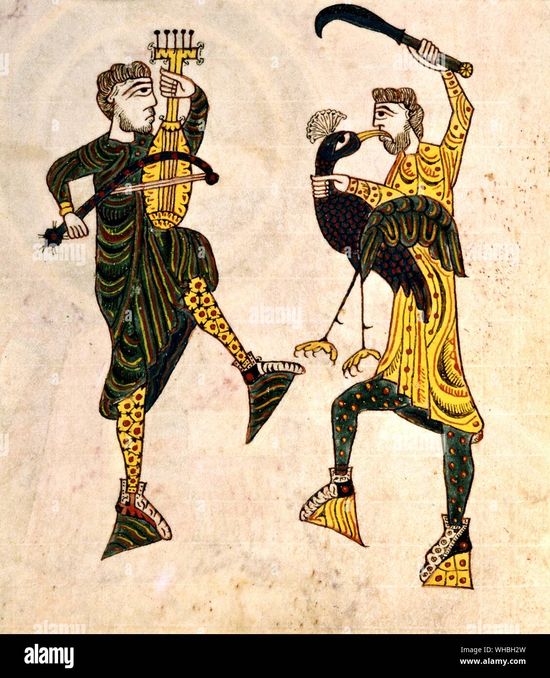 Two male dancers - one with stringed instrument. British Museum MSS 11695 f.86. Stock Photo