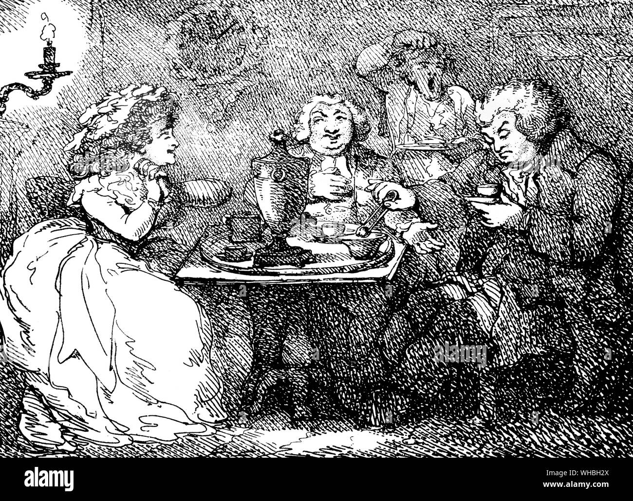 'Tea at the Journalist's House', 1773, (1786). Scots writer James Boswell and English lexicographer Dr Samuel Johnson at tea with Flora MacDonald at Dunvegan Castle, on the Isle of Skye. Illustration from 'Social Caricature in the Eighteenth Century ... With over two hundred illustrations' by George Paston [pseudonym of Emily Morse Symonds], (London, 1905). Stock Photo