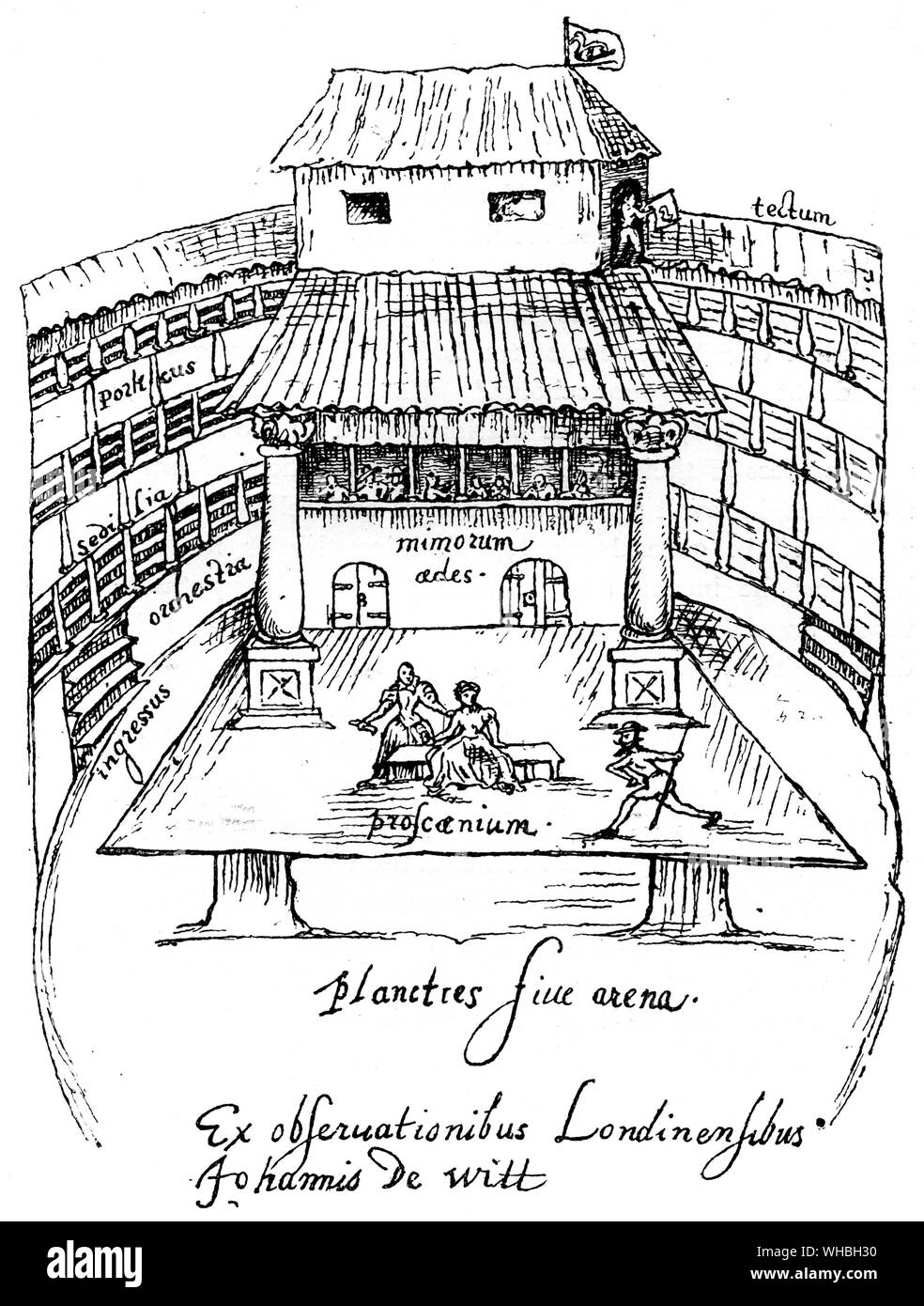 The Swan Theatre, London, 1596, (1893). The Swan theatre was built by Francis Langley in c1595. The last known mention of the theatre dates from 1632. After a drawing in the University Library, Utrecht, in Gaedertz, Zur Kenntniss der Alt-Englischen Buhne. An illustration from A Short History of the English People, by John Richard Green, illustrated edition, Volume II, Macmillan and Co, London, New York, 1893. . Stock Photo