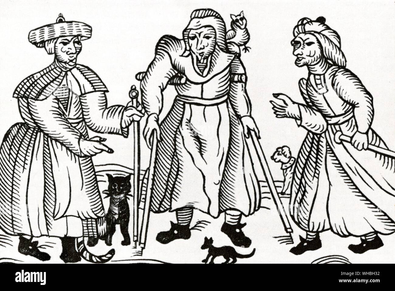 Three witches of Belvoir in a 17th century woodcut.. The Witches of Belvoir (pronounced beaver) were three women, a mother and her two daughters, accused of witchcraft in England around 1619. The mother, Joan Flower, died while in prison, and the two daughters, Margaret and Philippa, were burnt at the stake at Lincoln.. Stock Photo