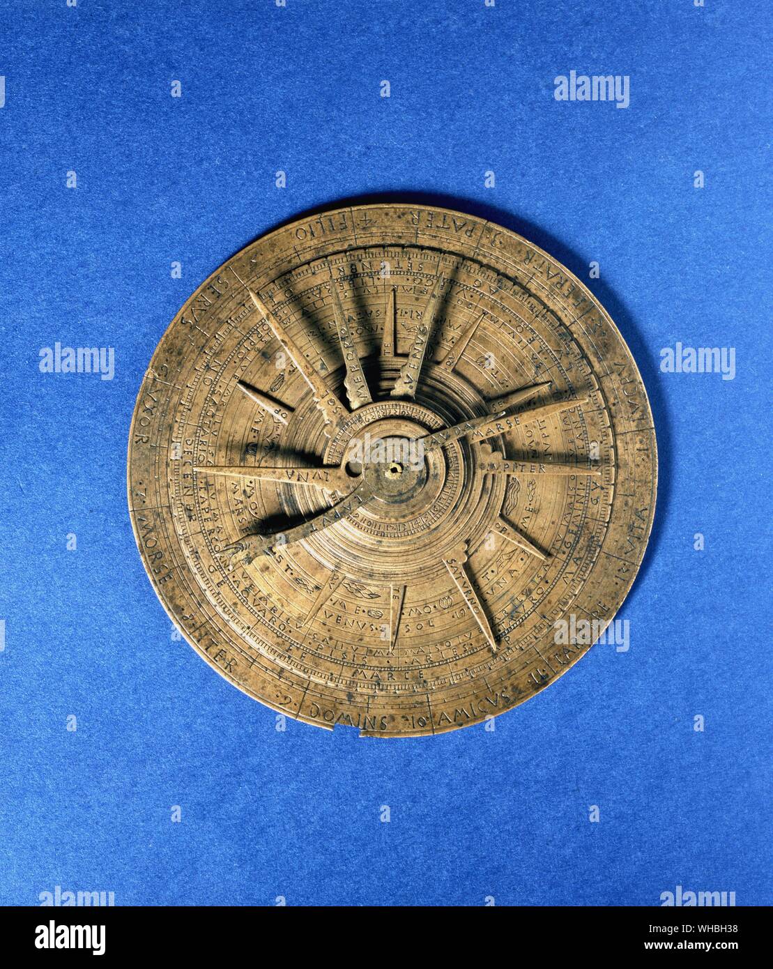 15th century European astrolobe used for calculating horoscopes each arm representing a planet that can be adjusted to position in zodiac at time for which horoscope is drawn up.. Stock Photo
