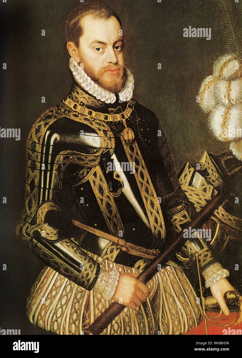 King Philip II, an able but inflexible ruler, strove to conquer England for Catholic Spain.. Philip II (May 21, 1527 - September 13, 1598) was King of Spain from 1556 until 1598, King of Naples from 1554 until 1598, king consort of England (as husband of Mary I) from 1554 to 1558, Lord of the Seventeen Provinces (holding various titles for the individual territories, such as Duke or Count) from 1556 until 1581, King of Portugal and the Algarves (as Philip I) from 1580 until 1598 and King of Chile from 1554 until 1556. Philip II is considered one of the greatest sovereigns in the History of Stock Photo