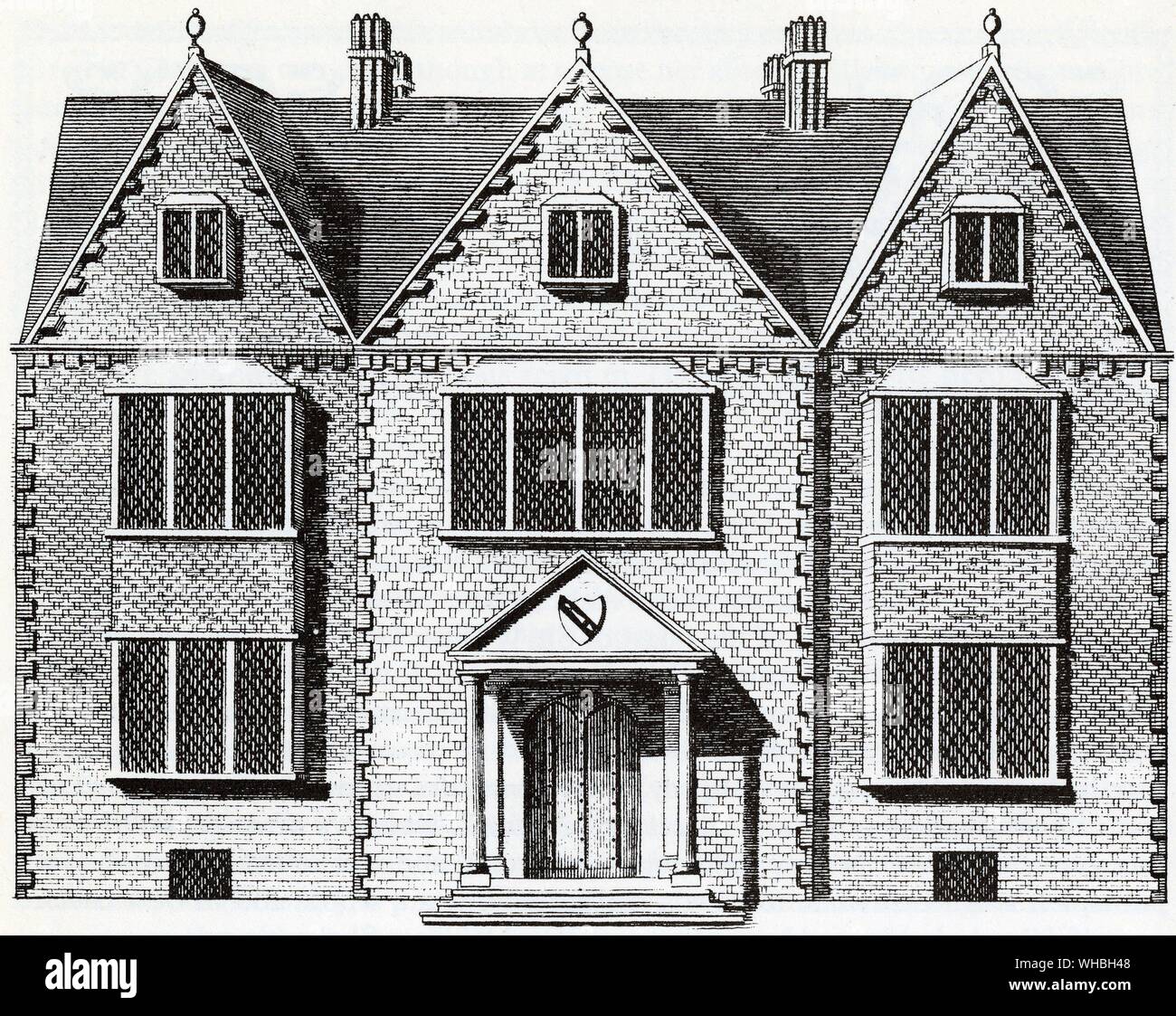 Except for the crest, this drawing made 'in the Margin of an Ancient Survey' presents Shakespeare's house, New Place, as it may well have looked.. New Place is the name given to William Shakespeare's final place of residence in Stratford-upon-Avon during his retirement.. The house rested on Chapel Street. It was built in 1483 by Hugh Clopton, a wealthy merchant and future Lord Mayor of London. Shakespeare bought the house in 1597 for sixty British pounds. Shakespeare was associated with London for much of his life, and tradition states that he retired to Stratford in his later years, though Stock Photo
