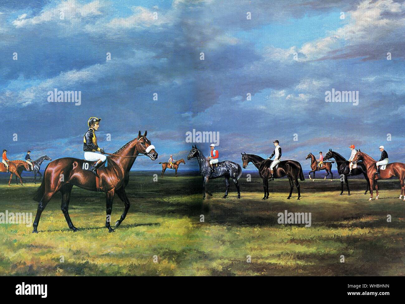 Painting - Immortals of the Turf. Champion racehorse Mill Reef is seen third from the left with jockey Geoff Lewis up ( no. 10) . Mill Reef is pictured amongst his ancestors . . They are from the left , Eclipse , Gimcrack , Diomed , The Tetrarch , St Simon , Flying Childers , Voltigeur and Hyperion Stock Photo