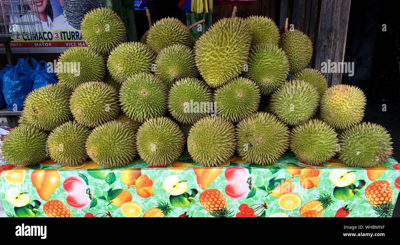 Durians For Sale At Market Stall Stock Photo Alamy