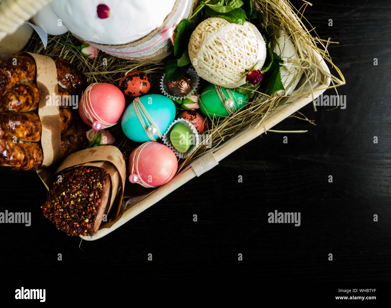 High Angle View Of Easter Basket On Table Stock Photo