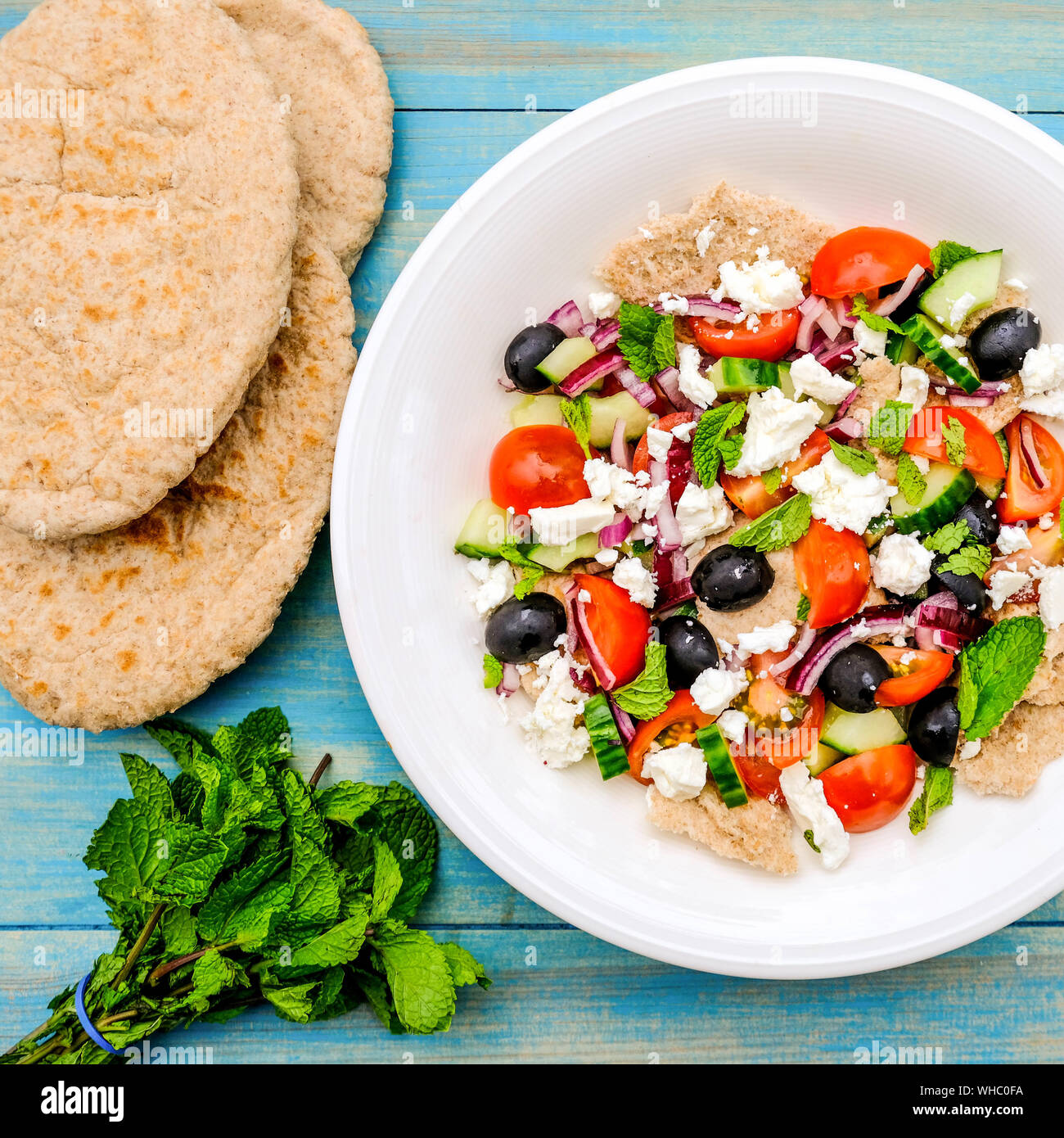 Chunky Fresh Healthy Greek Salad With Pitta Bread, Black Olives, Feta