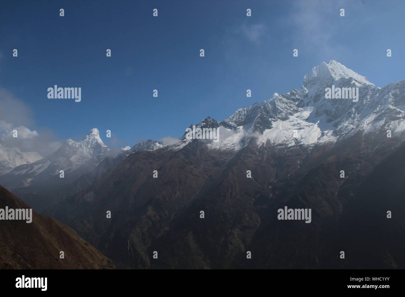 Valley and Ama Dablam in the Himalaya Stock Photo