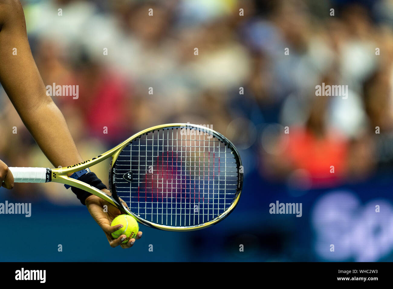 Detail of Naomi Osaka of Japan serving in the third round of the 2019 US Open Tennis Stock Photo