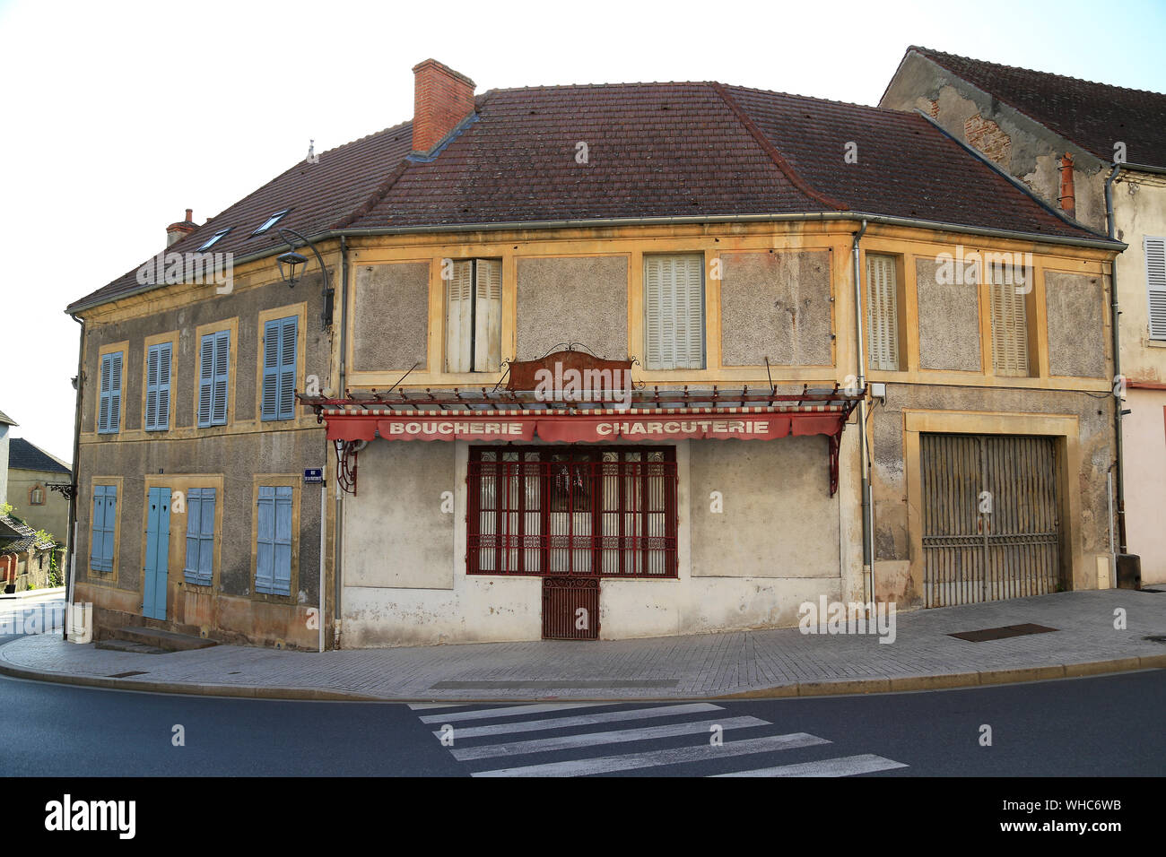 Old, run down, Boucherie & Charcuterie shop in France. Stock Photo