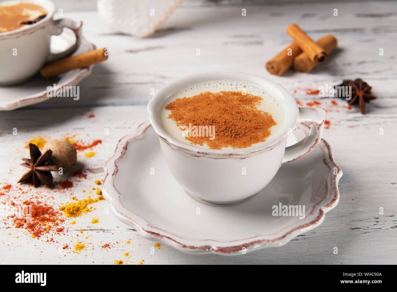 Beautiful cup of traditional indian masala chai tea on with star anise ...