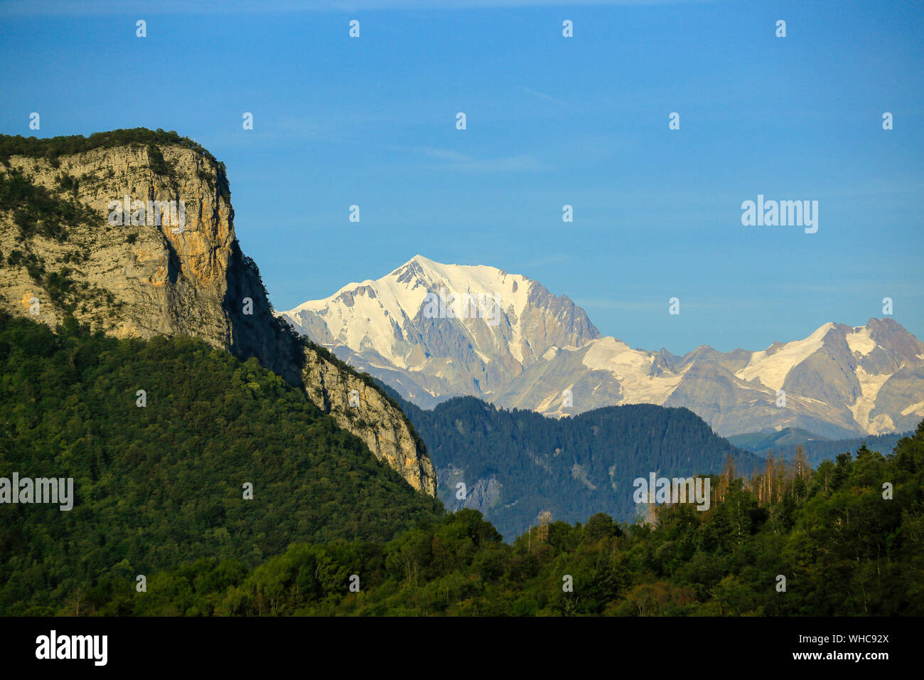 Mont Blanc mountain range seen through a gap in the Alps Stock Photo