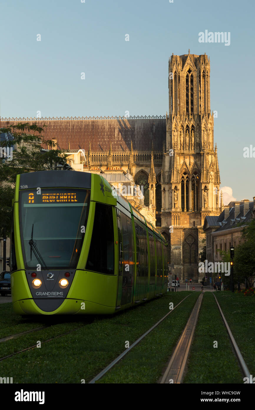 French tram in Reims infront of the cathedral (portrait). Stock Photo