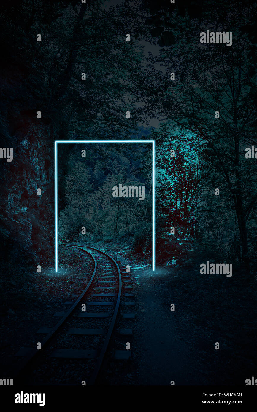 A blue neon frame as an imaginary portal Stock Photo