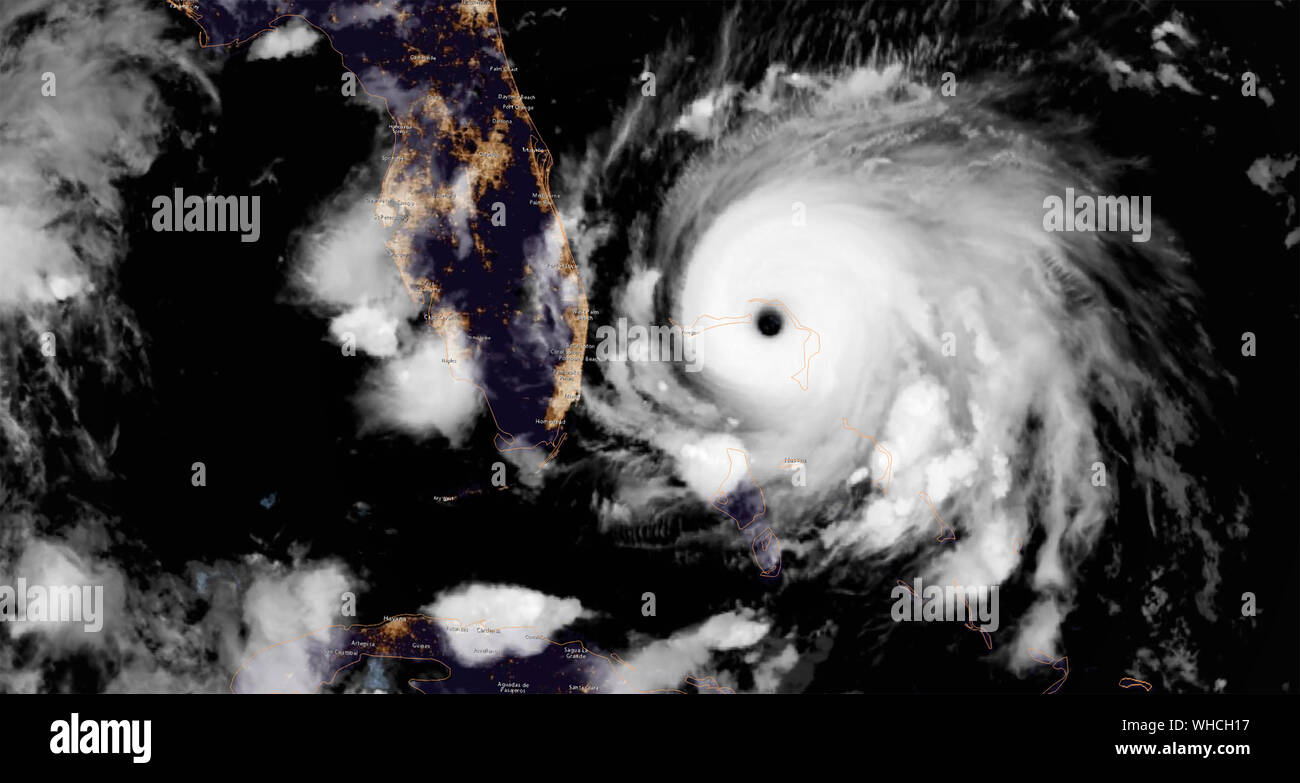 NOAA satellite image of Hurricane Dorian over the Bahama Islands on the evening of September 1, 2019. Stock Photo