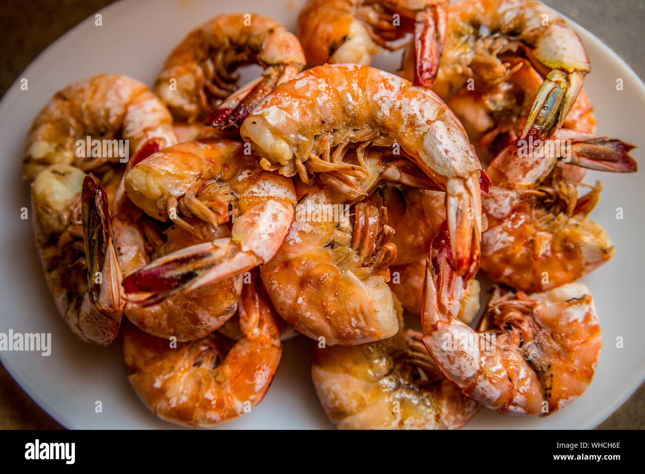 Large fresh from the fish market atlantic headless shrimp cooked at