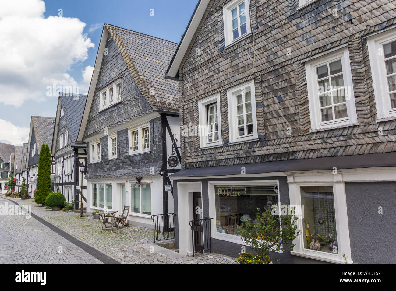 Cobblestoned street with half timbered houses in Freudenberg, Germany Stock Photo