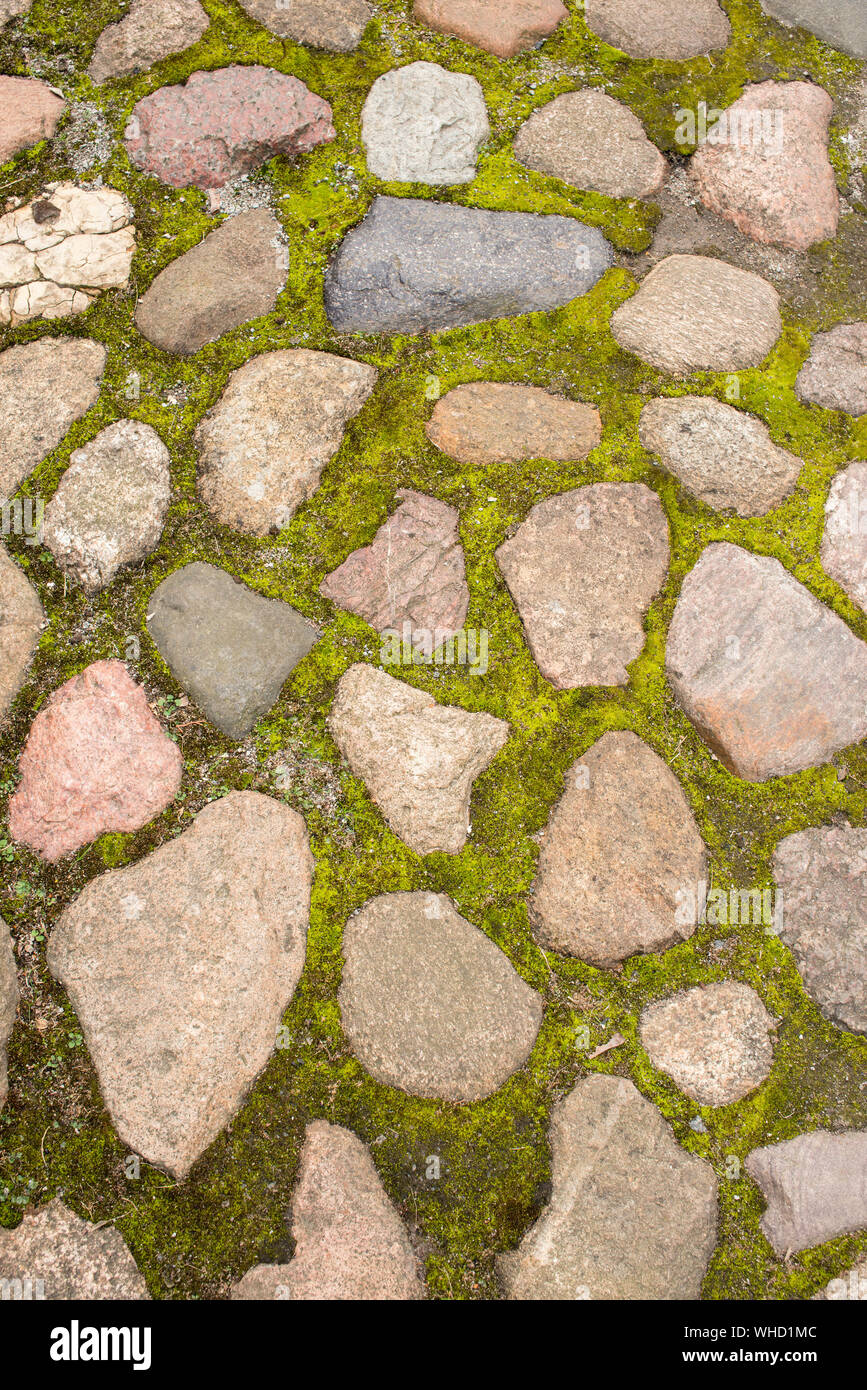 detailed background of ancient mossy stone pavement Stock Photo