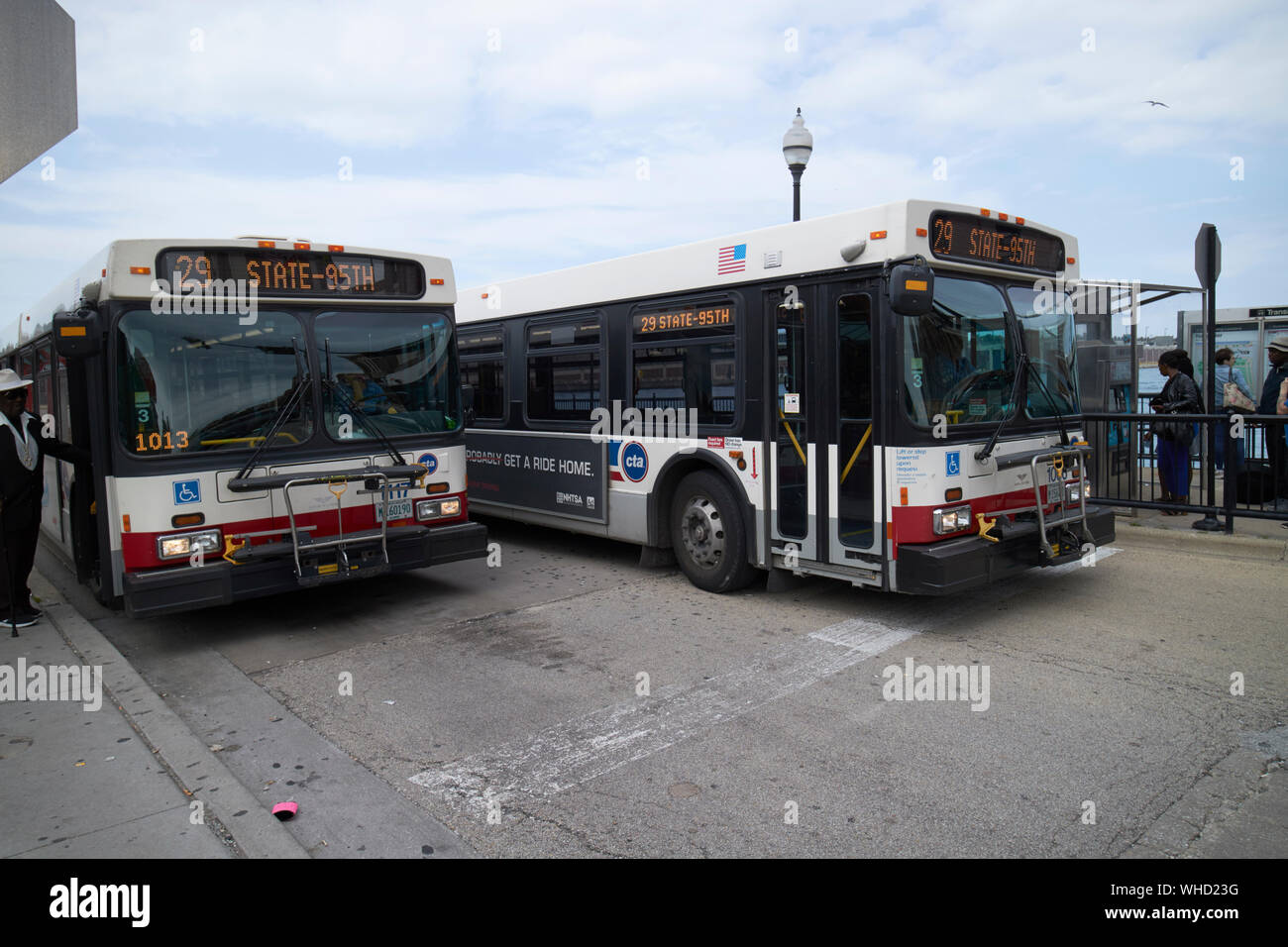 two service 29 chicago cta buses at bus terminal at navy pier chicago