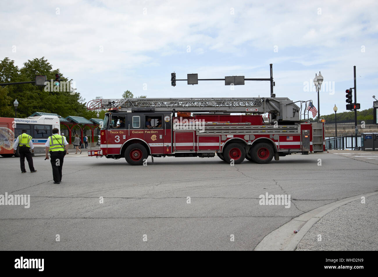 chicago fire department ladder truck number 3 responding at intersection at navy pier chicago illinois united states of america Stock Photo