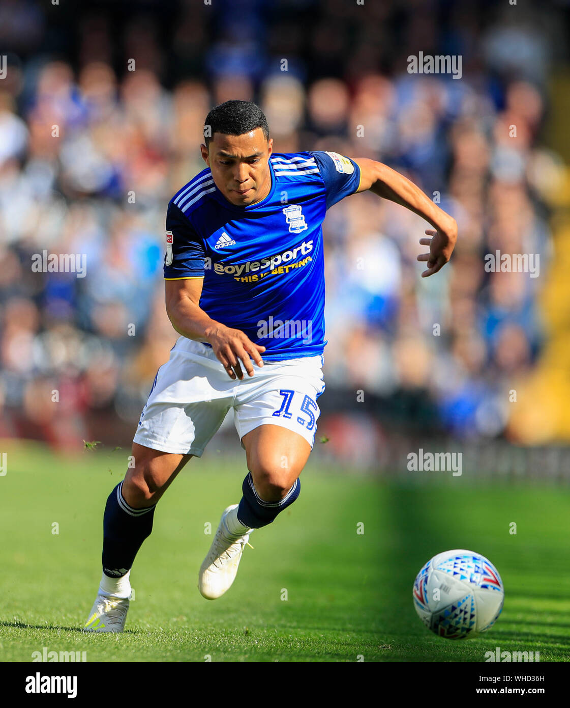31st August 2019, St Andrew's, Birmingham, England; Sky Bet Championship Football,  Birmingham City vs Stoke City ; Jefferson Montero (15) of Birmingham City runs with the ballCredit: Conor Molloy/News Images   English Football League images are subject to DataCo Licence Stock Photo