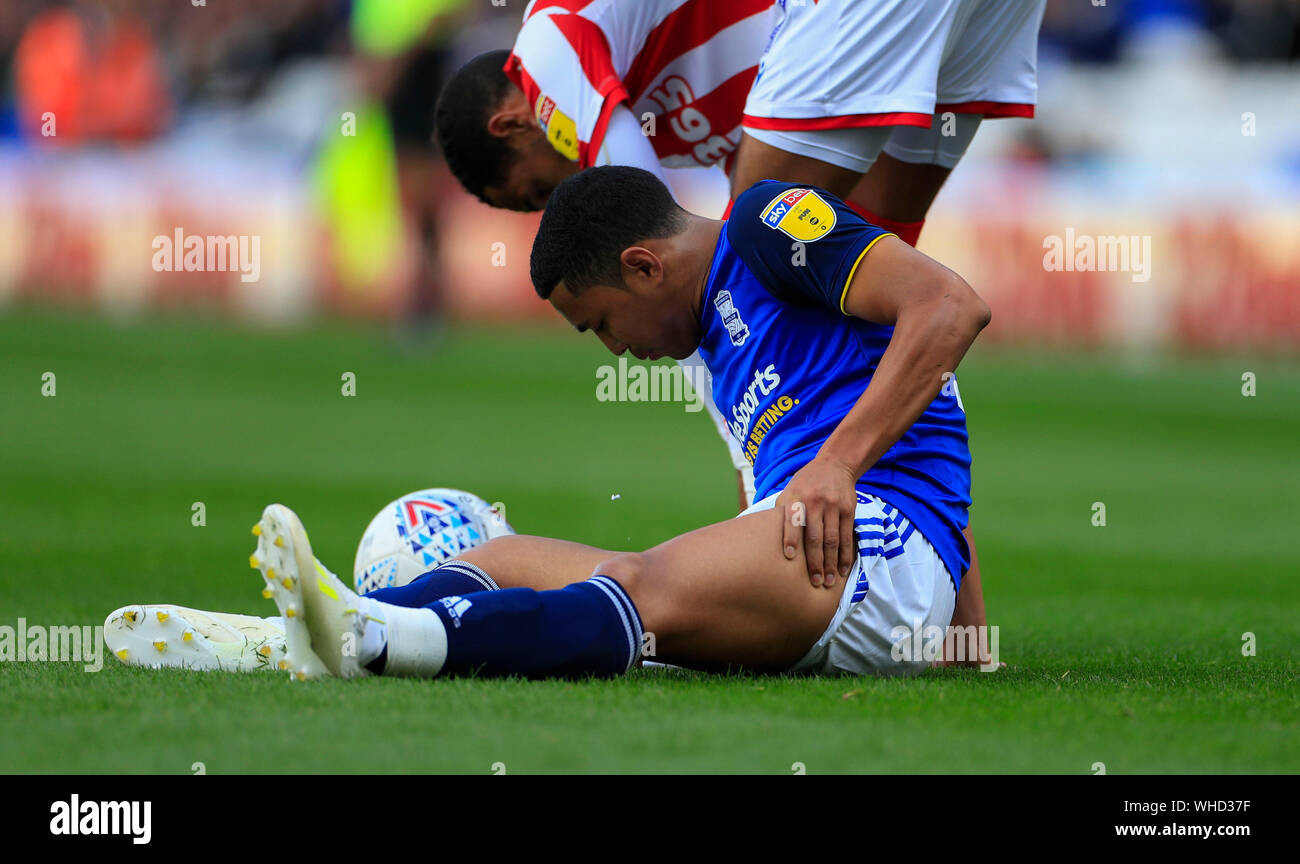 31st August 2019, St Andrew's, Birmingham, England; Sky Bet Championship Football,  Birmingham City vs Stoke City ; Jefferson Montero (15) of Birmingham City holds his leg and has to be stretchered off the field in the 28th minute Credit: Conor Molloy/News Images   English Football League images are subject to DataCo Licence Stock Photo