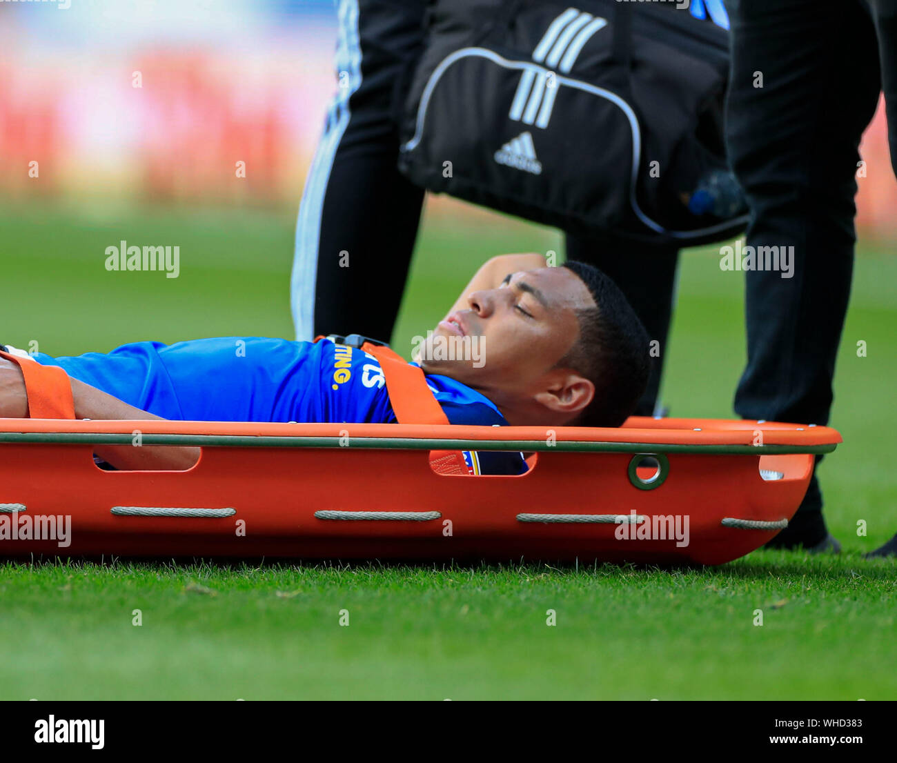 31st August 2019, St Andrew's, Birmingham, England; Sky Bet Championship Football,  Birmingham City vs Stoke City ; Jefferson Montero (15) of Birmingham City is stretchered off the field in the 28th minute Credit: Conor Molloy/News Images   English Football League images are subject to DataCo Licence Stock Photo