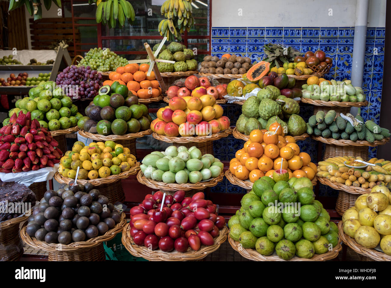 Fresh exotic fruits in Mercado Dos Lavradores. Funchal, Madeira