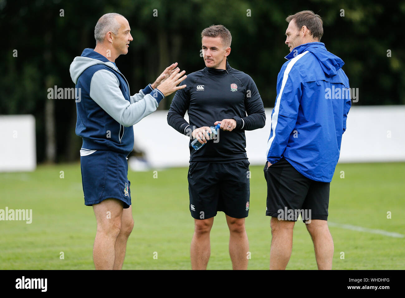 Newcastle, UK. 02nd Sep, 2019. NEWCASTLE UPON TYNE, ENGLAND SEPT 2ND Left to right: Connor O'Shea (Italy Head Coach), Luke Pearce (Referee) and John Wells (Newcastle Falcons Defence Coach) chat during training at Kingston Park. Italy Senior Mens Team during Italy's training session at Kingston Park, Newcastle on Monday 2nd September 2019. (Credit: Chris Lishman | MI News) Credit: MI News & Sport /Alamy Live News Stock Photo