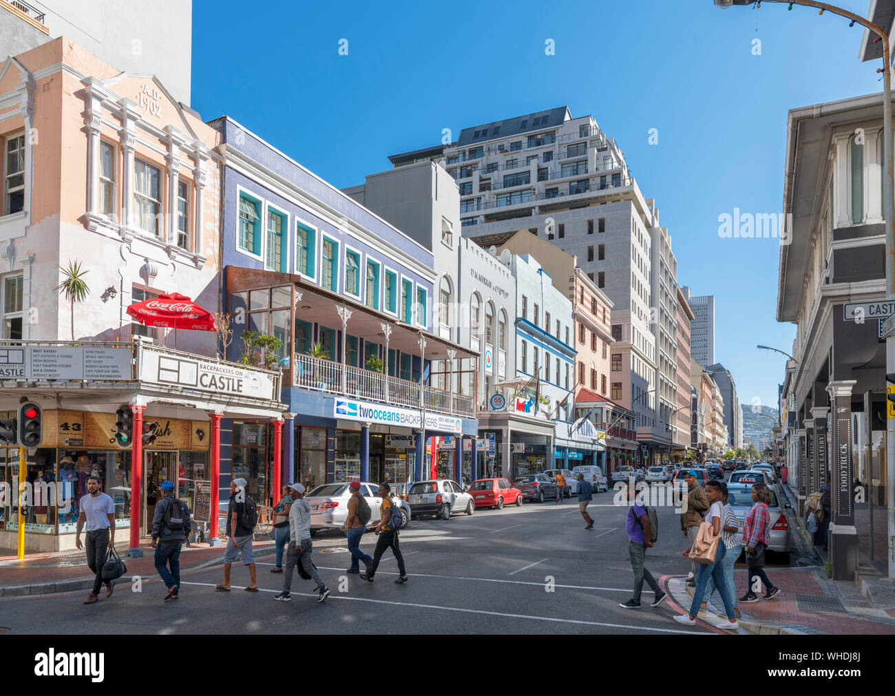 Bars, restaurants, stores and shops on Long Street in Cape Town, Western Cape, South Africa Stock Photo