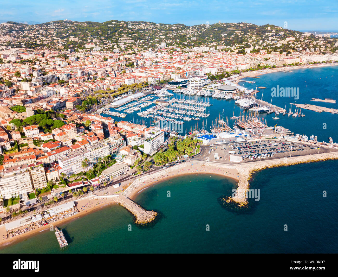 Cannes port and beach aerial panoramic view. Cannes is a city located on the French Riviera or Cote d'Azur in France. Stock Photo